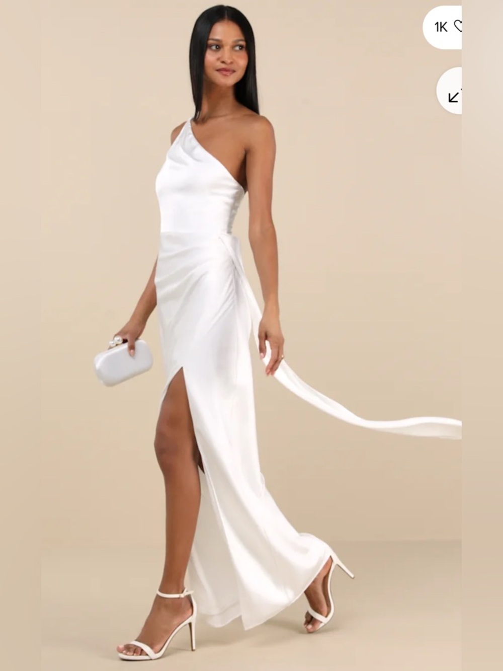 Lulu's One-Shoulder White Evening Gown with High Slit
